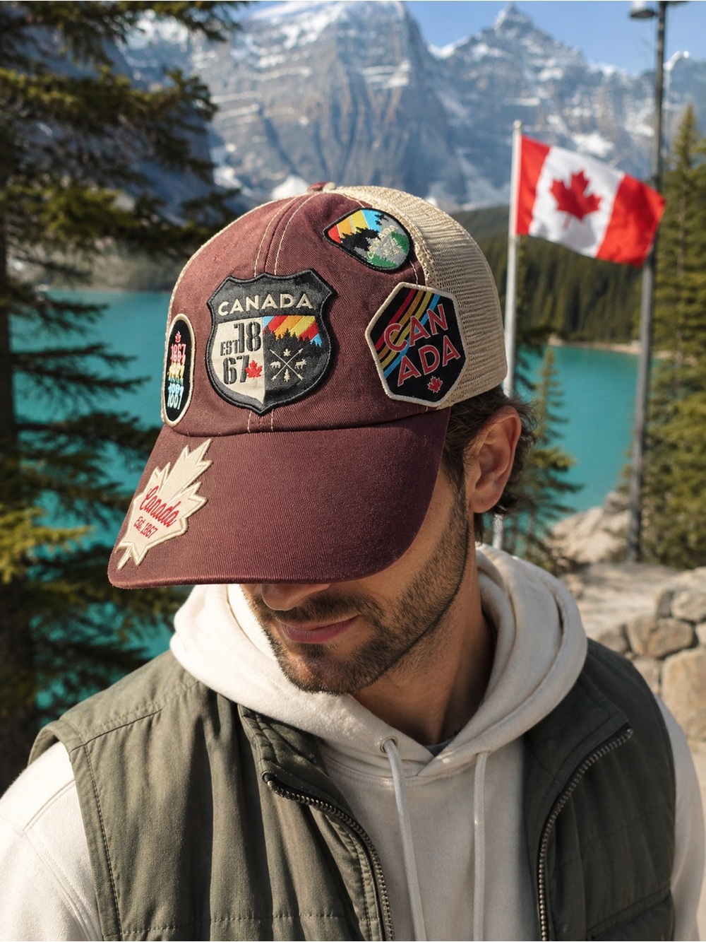 GGS Canada 1867 Patch Trucker Hat Snapback Mesh Cap OS + Free Dual Carabiner